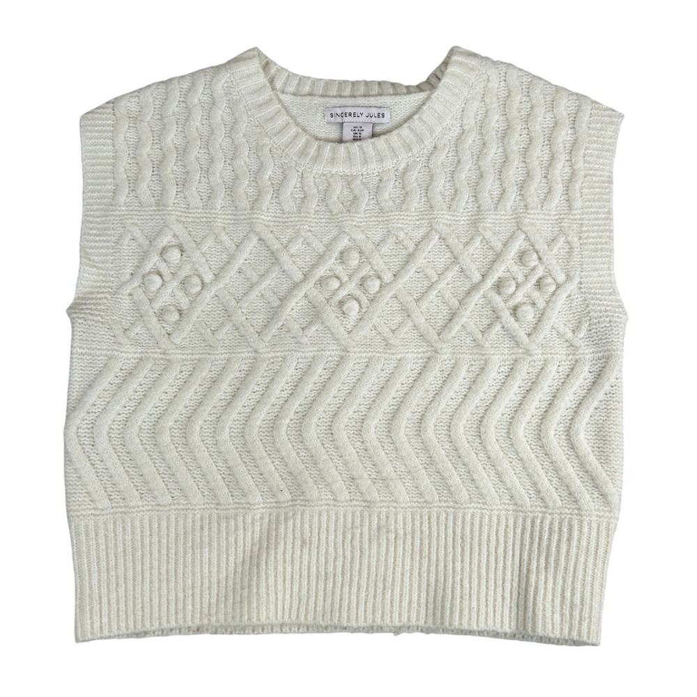 Sincerely Jules Womens Cream Mixed Cable Knit Pom Pom Sweater Vest Size Small